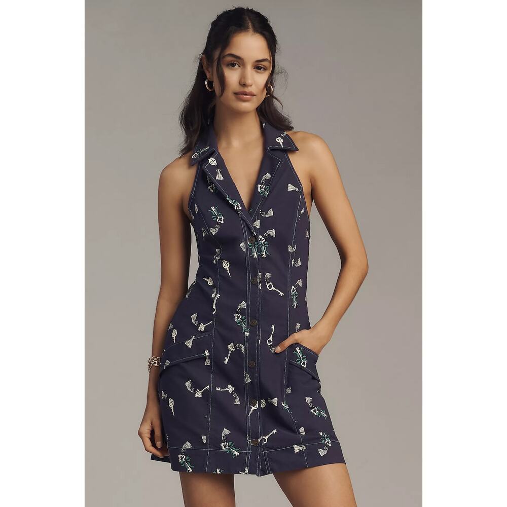 Maeve Anthropologie Amelia Collared Mini Dress Key Print Size XL NWT